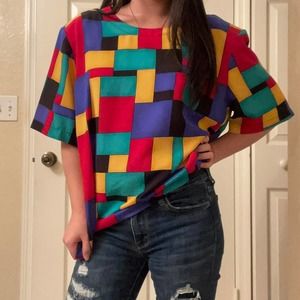 Kathy Che 90s Color Block Geometric Shirt / Size L